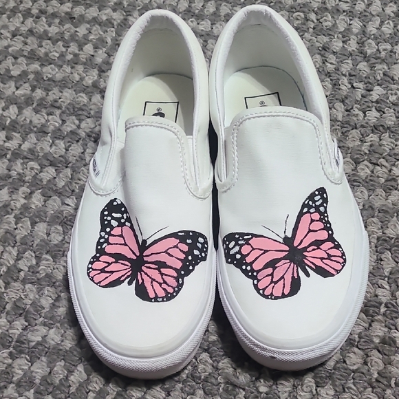 Vans White Slip-On Sneakers‎ Hand Painted Pink Butterfly Design 7 - Picture 7 of 13